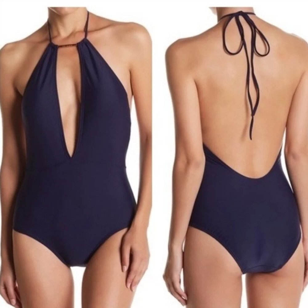 Ted Baker / one piece navy blue plunge neck halter swimsuit 1